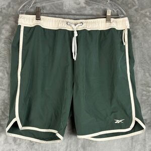 Reebok Men Green Cream Athletic Swim Trunks Shorts Size Medium Mesh Lined Pocket